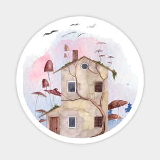 Cute House and Giant Mushrooms Fantasy Illustration Magnet